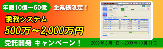 年商10億~50億企業様限定 業務システム500万~2000万円受託開発キャンペーン 2009月8月1日~2009年10月31日